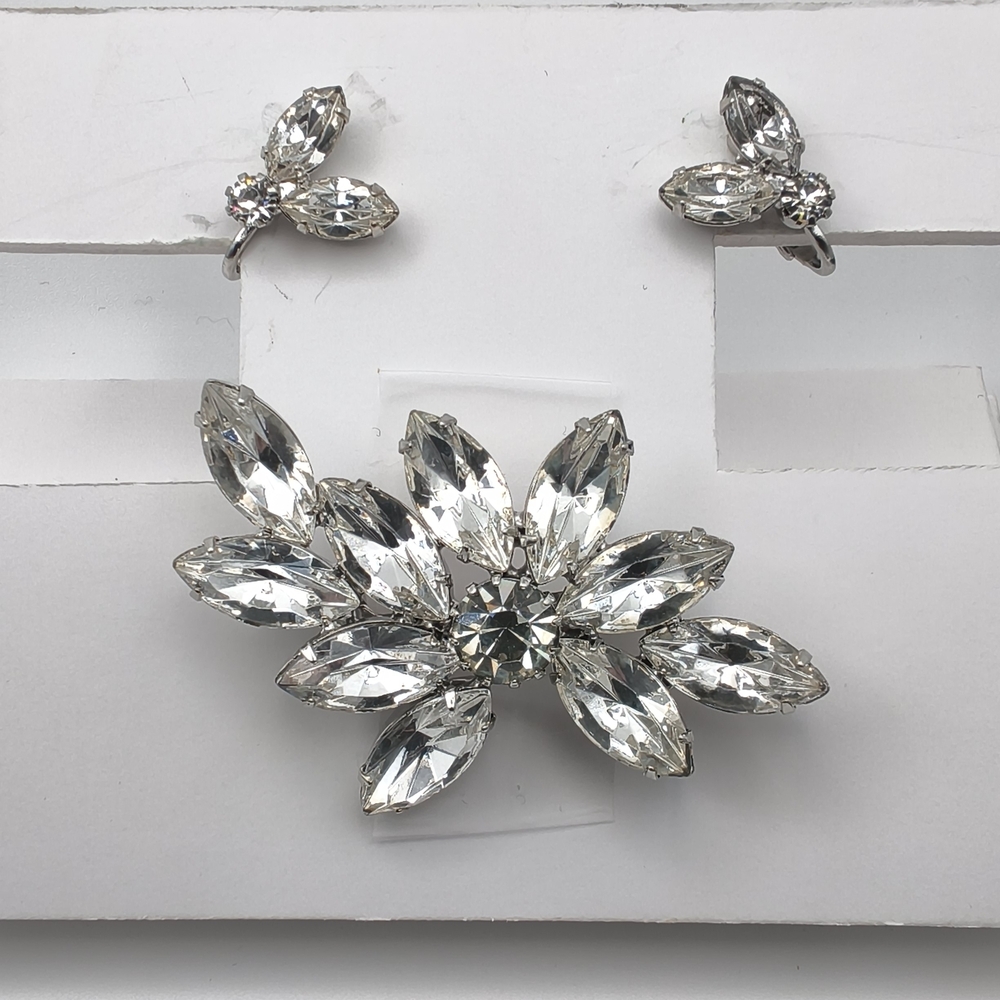 Vintage Mid-Century Clear Rhinestone Floral Spray Brooch & Earring Set